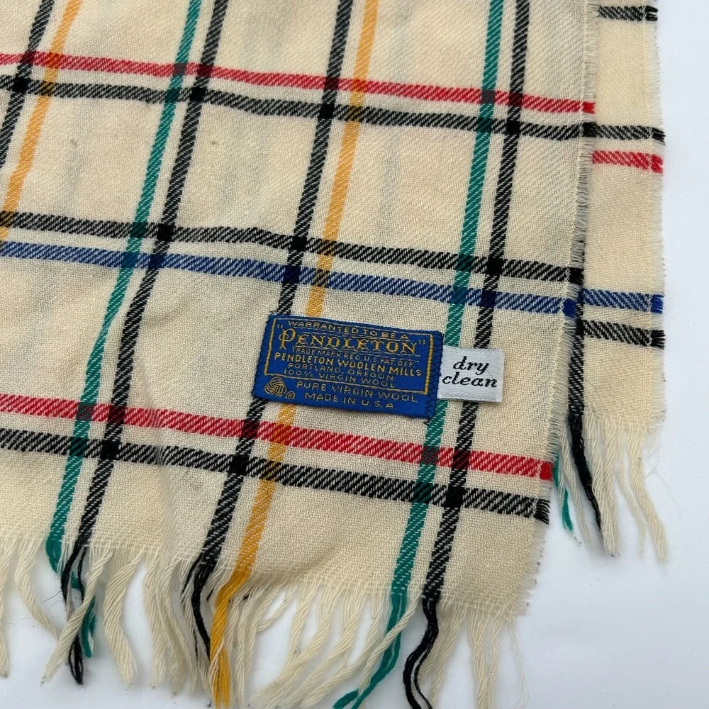 Vintage Pendleton Virgin Wool Scarf Men's Cream Plaid USA Made - One Size